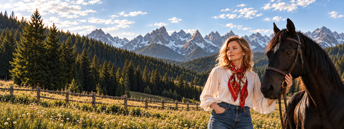 A woman stands in a field holding a black horses reins, with pine trees and snow-capped mountains in the background under a partly cloudy sky.