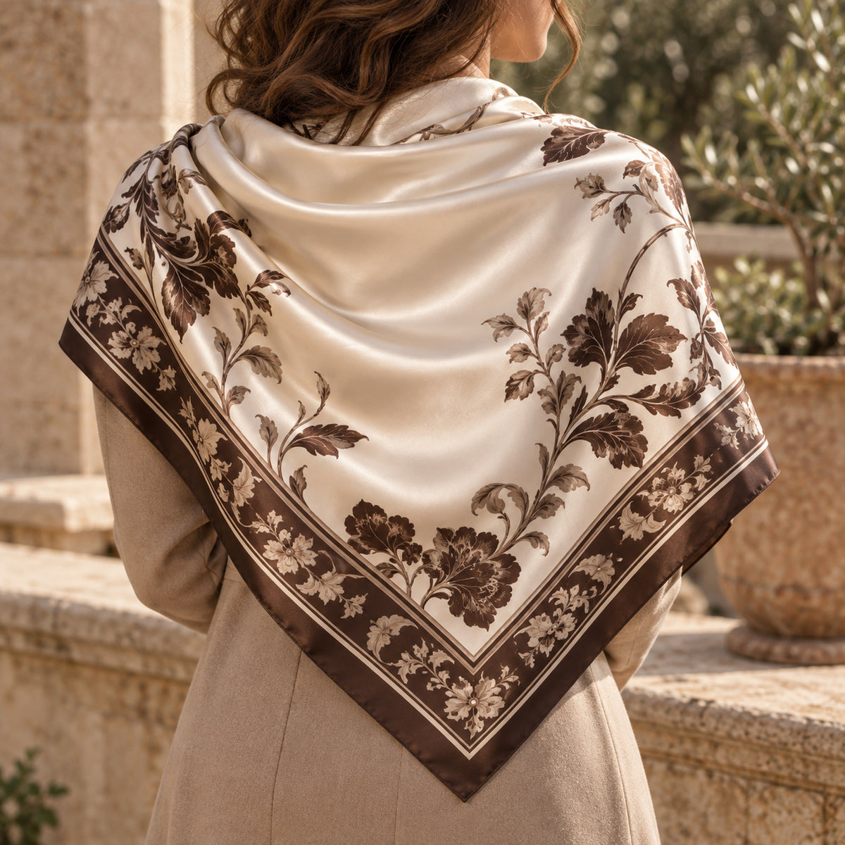 A woman wearing a beige coat and a silky, cream-colored scarf with brown floral patterns stands outdoors with her back to the camera.