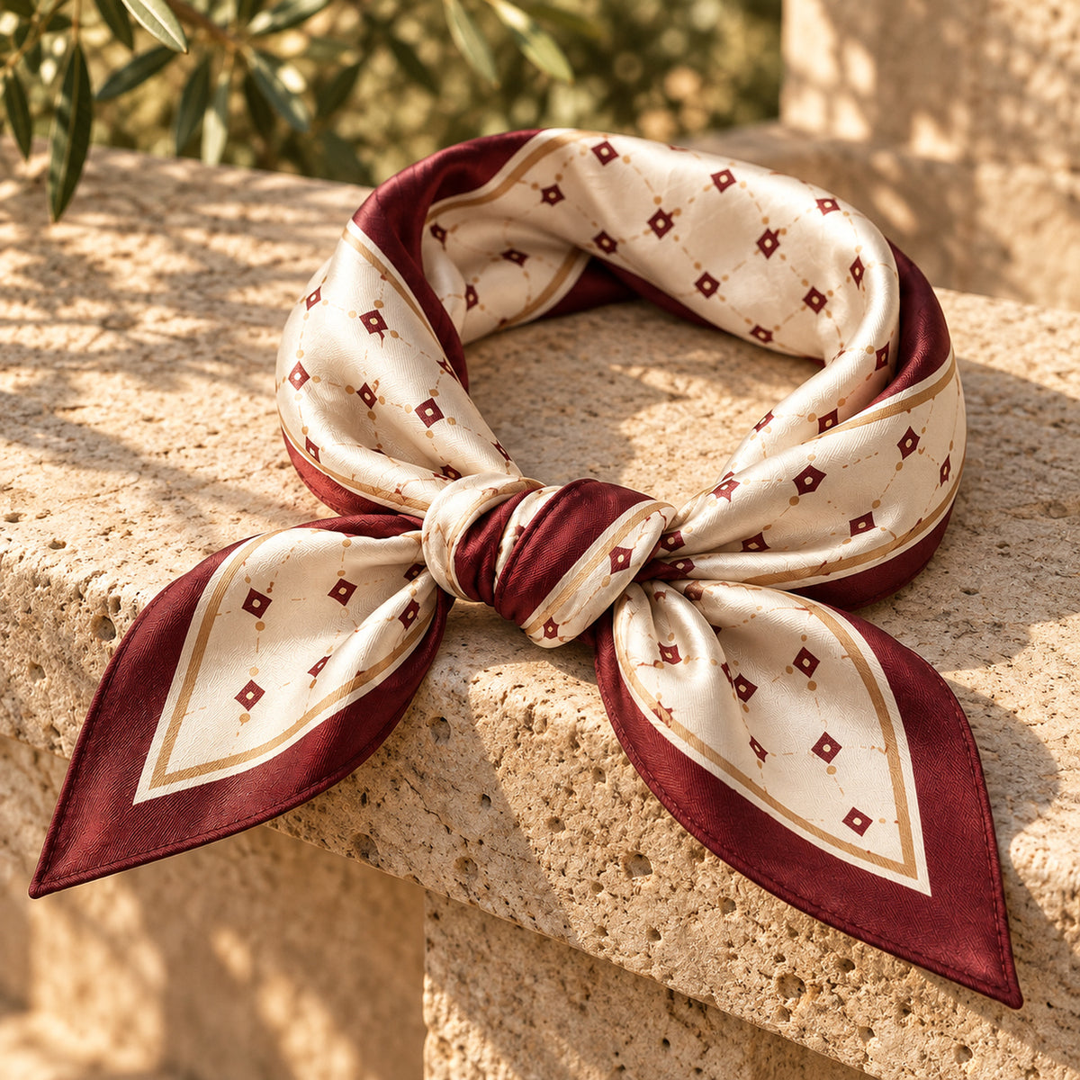 A cream and burgundy silk scarf with a geometric diamond pattern is neatly tied on a textured stone surface, with sunlight casting soft shadows.