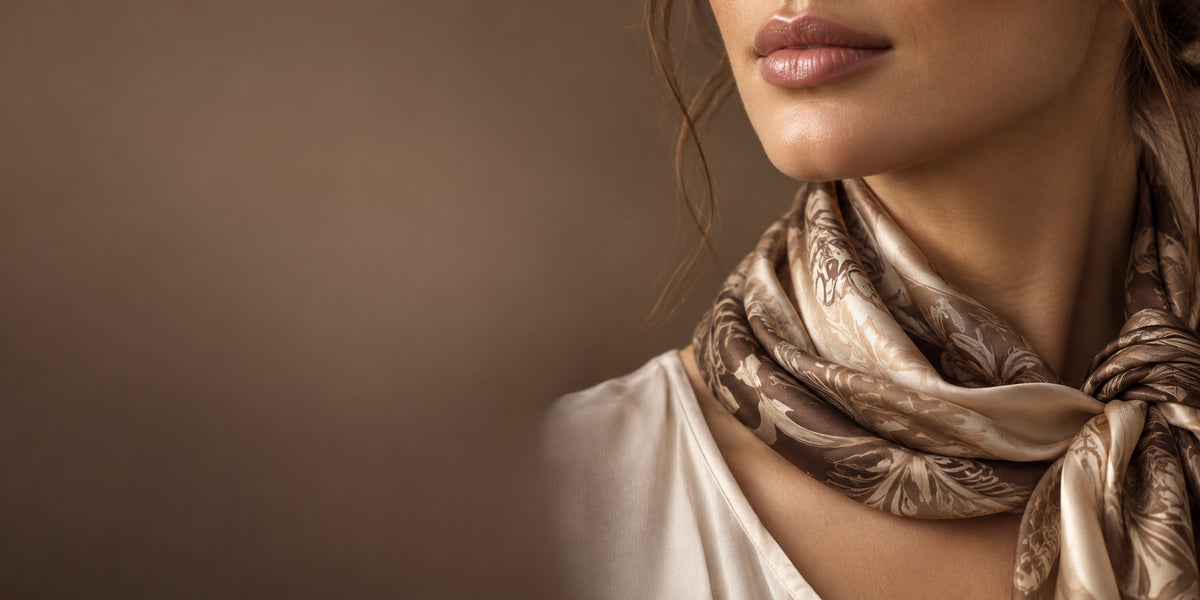 Close-up of a womans lower face and neck, wearing a light patterned silk scarf and cream blouse, with soft lighting and a blurred brown background.